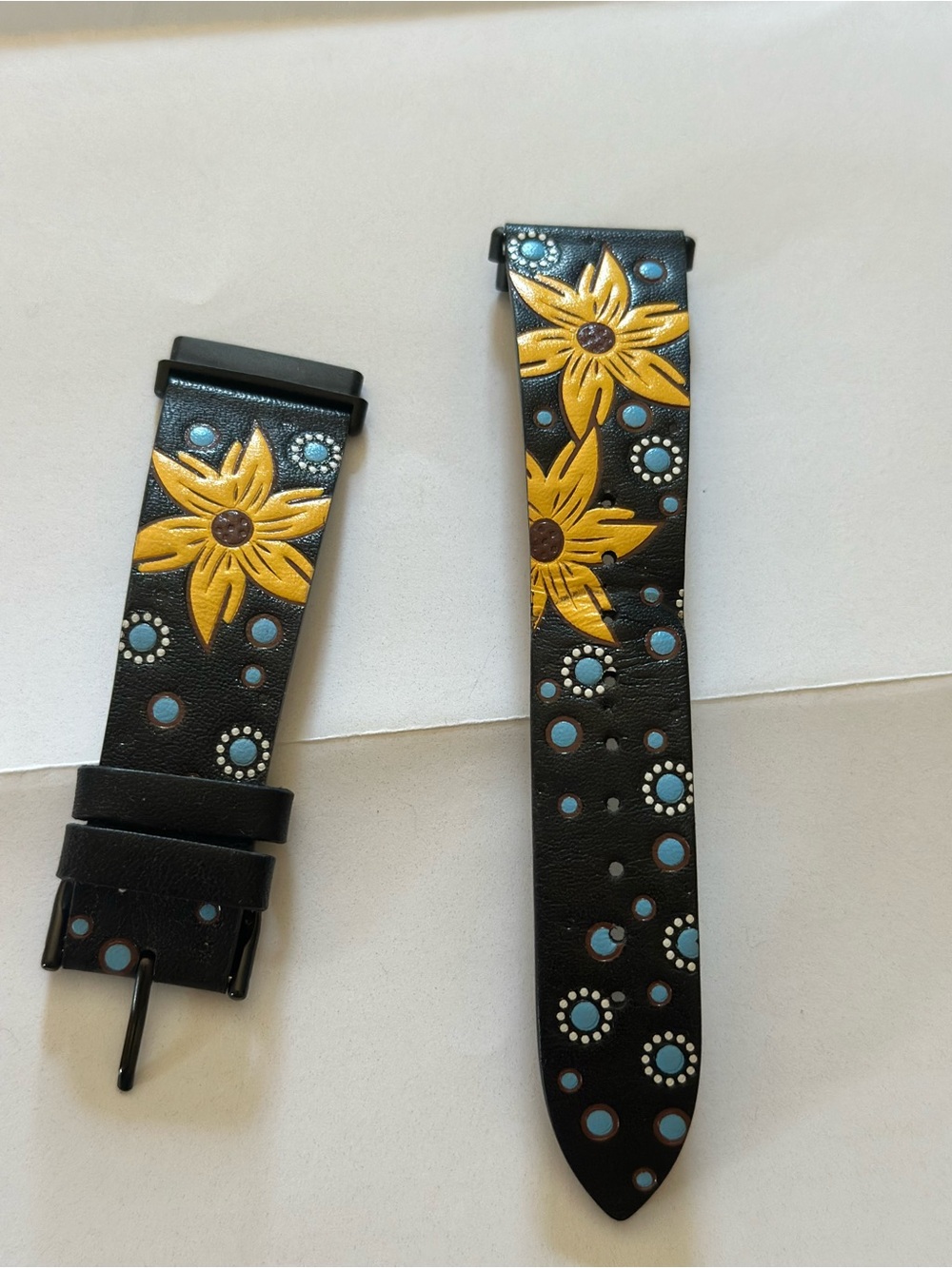 Fitbit Versa 3/4 Sense Genuine Leather Sunflower Watch Band Boho Western Black